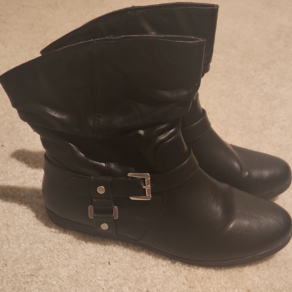 SO Black Faux-Leather Ankle Boots with Buckle Accent